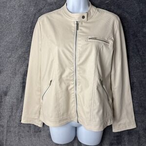 Just One  Faux Leather Jacket Women's Size Medium‎ Beige Full Zip Pockets Lined